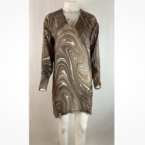 Laude The Label Sz S Abstract Art Shift Dress Brown Curpo Long Sleeve V Neck